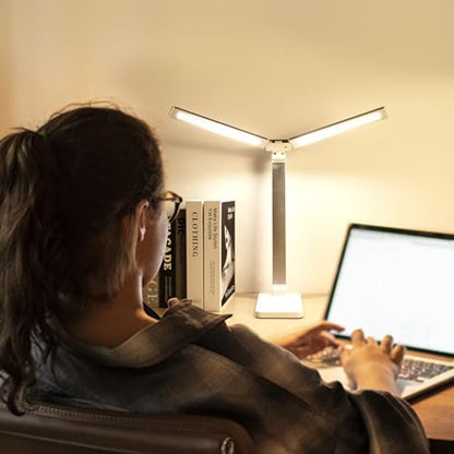 LED Desk Lamp, Dual Head Desk Light, 5 Levels Dimmable & 3 Color Modes Eye-Caring Table Light with USB Charging Port, Table Lamp for Reading, Studying, Home Office,White - color: White1