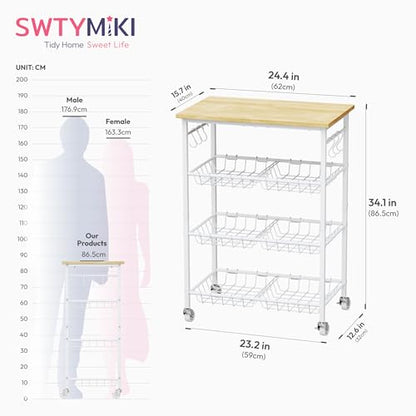 SWTYMIKI 24.4''x15.7'' Rolling Microwave Cart - 4 Tier Microwave Table Stand with 6 Storage Baskets, Coffee Bar with Wheels, Kitchen Utility Cart Shelf Rack Organizer for Vegetables, Potato, White - color: White