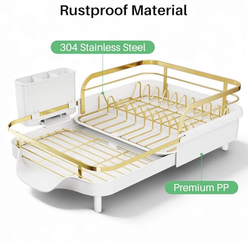 SNTD Expandable Dish Drying Rack for Kitchen Counter, 15.2-22.1 in, Gold | Rust-Resistant Stainless Steel, Protective Side Rails, Self-Draining Drainboard, Removable Utensil Holder - color: Gold