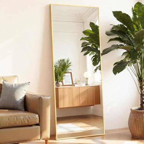 Full Length Floor Mirror, 15.75"x59" Body Wall Mirror Stand | Shatter-Proof Nano Glass, Tall Standing, Hanging or Leaning, Aluminum Alloy Frame for Bedroom, Modern Home Decor, Gold - color: Gold-rect, size: 59"L x 15.8"W