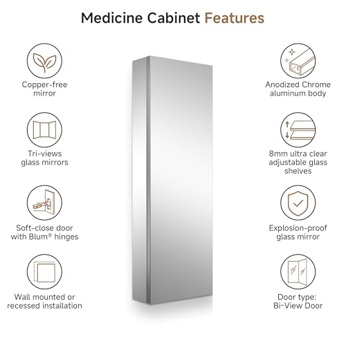 12" x 36" Bathroom Medicine Cabinet with Mirror, Recessed or Wall Mount | Medicine Cabinets with Adjustable Glass Shelves, Soft-Closed Hinge, Chrome Aluminum Frame, Reverse Installation - size: 12" x 36"