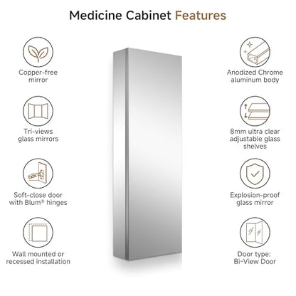 12" x 36" Bathroom Medicine Cabinet with Mirror, Recessed or Wall Mount | Medicine Cabinets with Adjustable Glass Shelves, Soft-Closed Hinge, Chrome Aluminum Frame, Reverse Installation - size: 12" x 36"