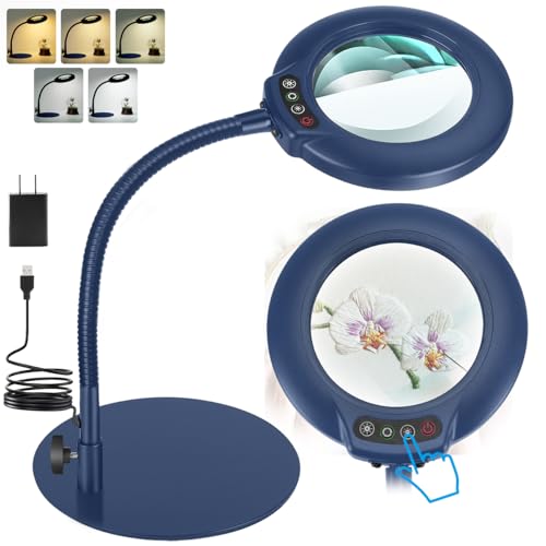 IVMAIE 12X Magnifying Glass with Light, Real Glass Lens, 5 Color Modes Dimmable, Flexible Gooseneck Lighted Magnifier with Stand, LED Desk Lamp Hands Free for Crafts Painting Reading Close Work, Blue - color: Blue