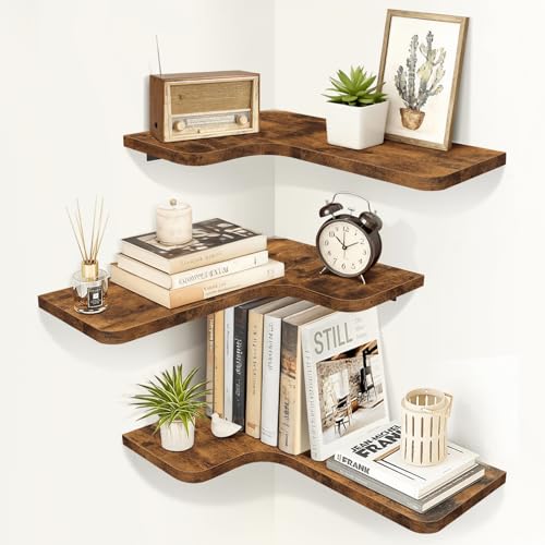 Corner Floating Shelves, Corner Shelves Wall Mounted with Cord Hole, Set of 3 L Shape Wood Wall Storage Shelves for Living Room Bedroom Bathroom Kitchen, Rustic Brown - color: Rustic Brown