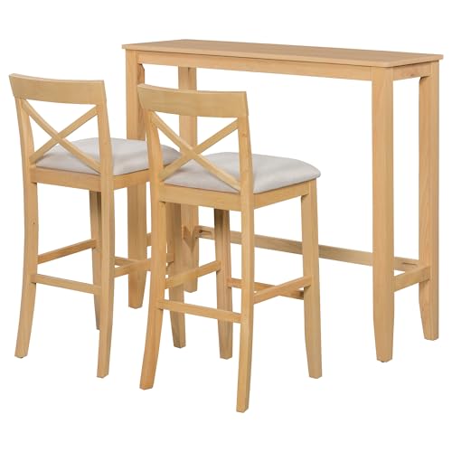 3 Piece Counter Height Dining Table Bar Table Set with 2 Chairs, Small Kitchen Table Breakfast Nook for 2, Good for Bar or Small Space, Natural - color: Natural