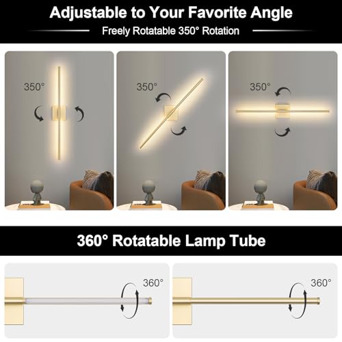 Battery Operated Wall Sconce, 3000K-6000K Dimmable Gold Wall Lights with Remote Control, Timable LED Wireless Wall Sconces, 350° Ratate for Bathroom, Living Room, Hallway 29.1 Inch 1 Pack - color: Gold, size: 29.1in(1 Pack)