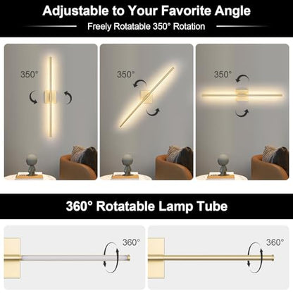 Battery Operated Wall Sconce, 3000K-6000K Dimmable Gold Wall Lights with Remote Control, Timable LED Wireless Wall Sconces, 350° Ratate for Bathroom, Living Room, Hallway 29.1 Inch 1 Pack - color: Gold, size: 29.1in(1 Pack)