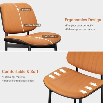 YaFiti Mid Century Dining Chairs Set of 2 with Walnut Bentwood, Orange | Ergonomic Walnut Backrest, Upholstered Waterproof PU Leather Seat, Stable Metal Legs, Adjustable Footpads, Apartment Friendly - color: Orange Scallop