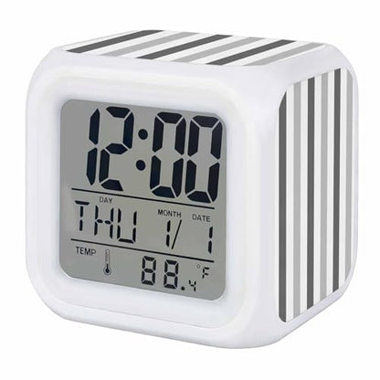 Digital Alarm Clocks for Bedroom,Minimalist Art Grey Stripes Cube Alarm Clock with Snooze and Nightlight Abstract Geometric Vertical Line Silent Office Desk Clock Time/Date/Temperature Display - color: Gray