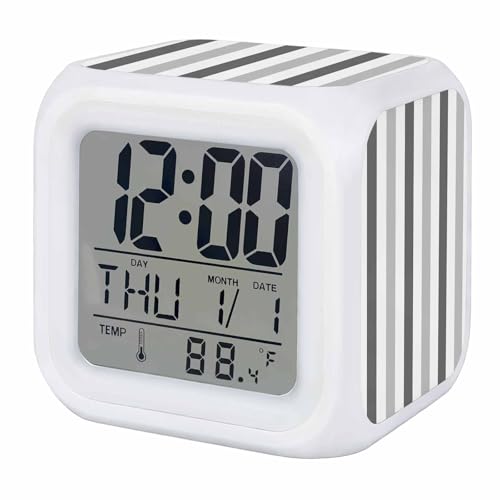 Digital Alarm Clocks for Bedroom,Minimalist Art Grey Stripes Cube Alarm Clock with Snooze and Nightlight Abstract Geometric Vertical Line Silent Office Desk Clock Time/Date/Temperature Display - color: Gray