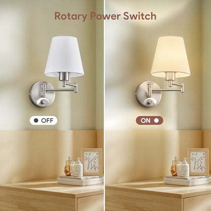 VONLUCE Wall Lamp, Plug in & Swing Arm Wall Sconce, Nickel Finish | Modern Wall Lights with White Fabric Shades, Plug in & Hardwired Wall Mounted Light for Bedside, Living Room, Hallway - color: Nickel, size: 1 Pack