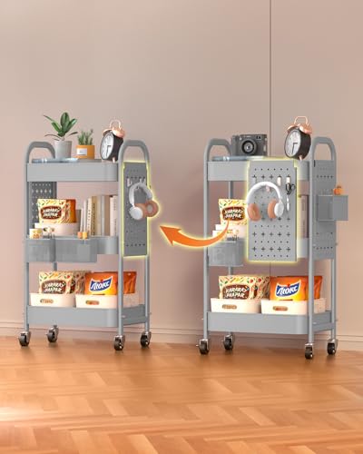 ALVOROG 3 Tier Rolling Cart with DIY Pegboards Metal Utility Cart with Wheels Handles Baskets Hooks, Craft Cart for Office Kitchen Bathroom(Light Gray) - color: Light Gray