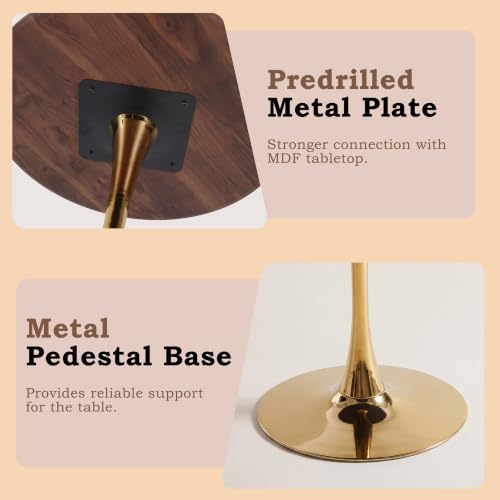 31.5" Round Tulip Dining Table, Circle Tulip Table with MDF Tabletop and Gold Metal Pedestal Base, Mid Century Modern Bistro Table for Kitchen, Dining Room, Cafe (Walnut and Gold) - color: Walnut and Gold