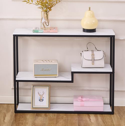 loglus Console Table for Entryway, Faux Marble MDF Sofa Table with Golden Frame, Multilayer, Black Frame, 9.45" D x 38.18" W x 31.22" H - color: Black Frame, style: Multilayer