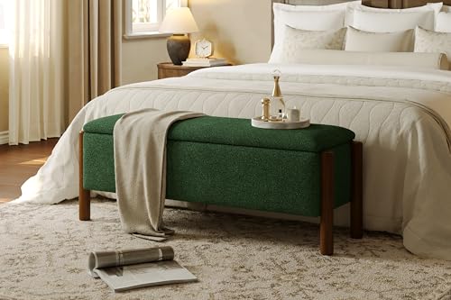 Modern Storage Benches with Walnut Wood Legs, 47'' Ottoman Bench with 20 Gallons Storage Space for Bedroom End of Bed, Fabric Upholstered Entryway Bench with Seating for Livingroom, Green - color: Green