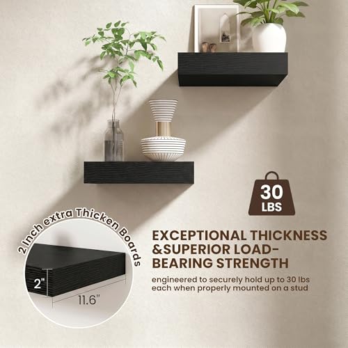 12 Inch Deep Floating Shelves, 12'' x 12'' Black Shelves Set of 2 | Invisible Brackets, Engineered Wood, Mounting Hardware Included, 30LBS, Bathroom, Laundry Room, Kitchen, Living Room - color: Black, size: 12W x 11.6D x 2H, 2 Pack