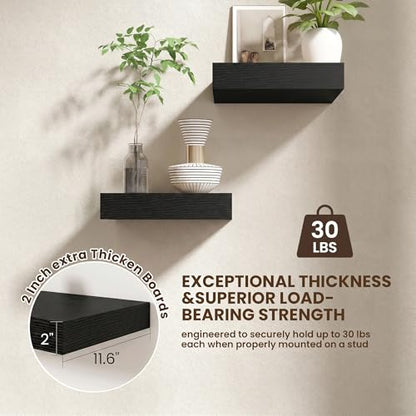 12 Inch Deep Floating Shelves, 12'' x 12'' Black Shelves Set of 2 | Invisible Brackets, Engineered Wood, Mounting Hardware Included, 30LBS, Bathroom, Laundry Room, Kitchen, Living Room - color: Black, size: 12W x 11.6D x 2H, 2 Pack