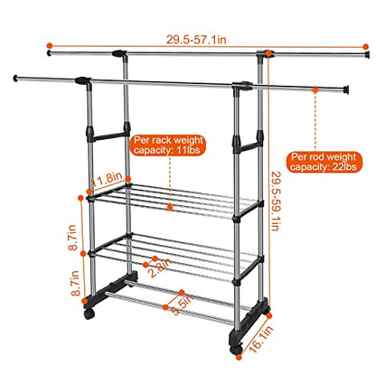 Double Rods Clothes Rack, Stainless Steel Extendable Clothing Garment Hanging Rack Shoe Display Organizer with Rolling Wheels Hold up to 77LBS - size: 59.1"D x 16.1"W x 57.1"H