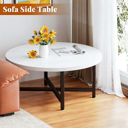 Round Coffee Table, 31.5" White Coffee Table, Coffee Tables for Living Room | Circle Wooden Coffee Table, Large Modern Center Table with Metal Frame for Office Apartment Home Small Space - color: 31.5"d Round White