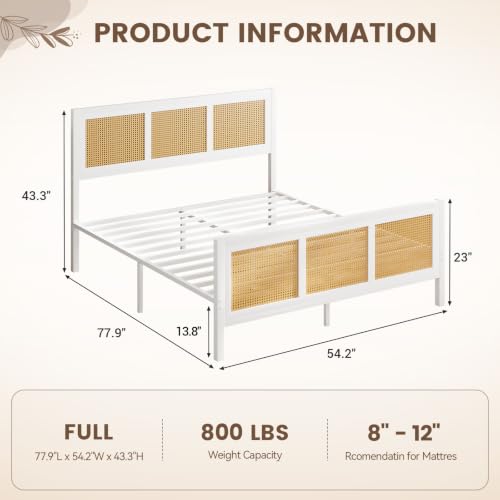 IMMERSTABLE Rattan King Bed Frame with Headboard and Footboard, Boho Metal Platform Bed Frame King Size with 13.8 in Under Bed Storage, Heavy Duty Metal Slat Support, No Box Spring Needed, White - color: White, size: King