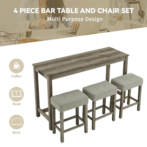 59" Industrial 4 Piece Bar Table Set with Built-in Power Outlet, Behind Couch Sofa Table with 3 Linen Upholstered Stools, Bar Table and Chairs Set for Living Room, Dining Room, Lounge, Brown - color: R2-brown