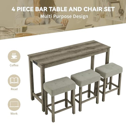 59" Industrial 4 Piece Bar Table Set with Built-in Power Outlet, Behind Couch Sofa Table with 3 Linen Upholstered Stools, Bar Table and Chairs Set for Living Room, Dining Room, Lounge, Brown - color: R2-brown