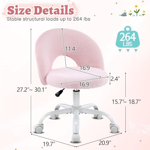 VINGLI Small Vanity Chair with Faux Fur Wheels for Girls,Cute Adjustable Height Armless Office Desk Chair,360°Swivel Comfy Rolling for Study,Make up Room,Small Space,Light Pink - color: Furry Pink