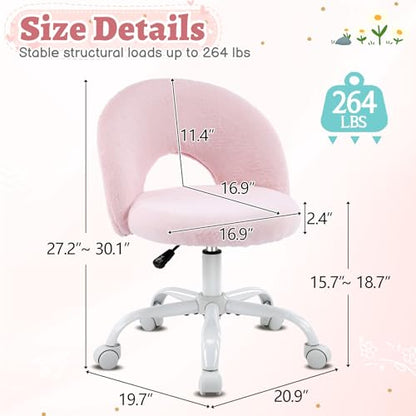 VINGLI Small Vanity Chair with Faux Fur Wheels for Girls,Cute Adjustable Height Armless Office Desk Chair,360°Swivel Comfy Rolling for Study,Make up Room,Small Space,Light Pink - color: Furry Pink