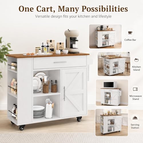 4 EVER WINNER 39" Rolling Kitchen Island with Storage and Drawer, Farmhouse Kitchen Island on Wheels with 3-Tier Spice Rack, Adjustable Shelf & Towel Rack, Mobile Kitchen Cart for Small Space, White - style: WHITE