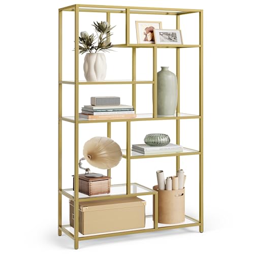 VASAGLE Bookshelf, 6-Tier Tall Bookcase, Display Shelf, Plant Stand, 11.8 x 31.5 x 70.9 Inches, Tempered Glass, for Study, Office, Living Room, Bedroom, Kitchen, Metallic Gold ULGT502A01 - color: Metallic Gold, size: 6 Tiers (31.5"W x 70.9"H)