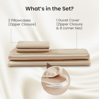 THXSILK Luxury Queen Silk Duvet Cover Set 3 Pieces, Extra Soft, Breathable & Cooling Bedding Set, Machine Washable & Durable, 1 Duvet Cover & 2 Pillowcases with Zipper Closure(Champagne) - color: Champagne, size: Queen (3 pcs)