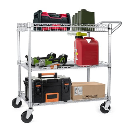 Heavy Duty 3 Tier Utility Cart,Wire Rolling Carts with Wheels, Commercial Grade Service Cart with Shelving Liners and Handle Bar Metal Carts for Kitchen Office Hardware - color: 750lbs Capacity Silver