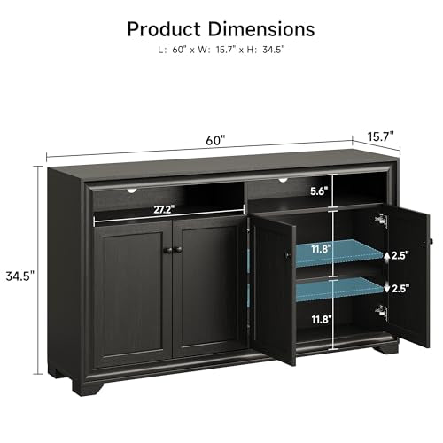 60 Inches Sideboard Buffet Cabinet with Storage and 4 Doors, Black | Large Sideboard Kitchen Cabinet with Open Shelf & Adjustable Shelf, Kitchen Coffee Bar Console Table for Living Room, Hallway - color: Black