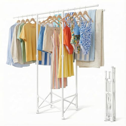 Clothes Drying Rack, Double Rod Extendable 33.1–56.7 Inches, No Assembly & Foldable Clothing Rack for Hanging Clothes with Wheels, for Indoor Outdoor Laundry Room Organization, White