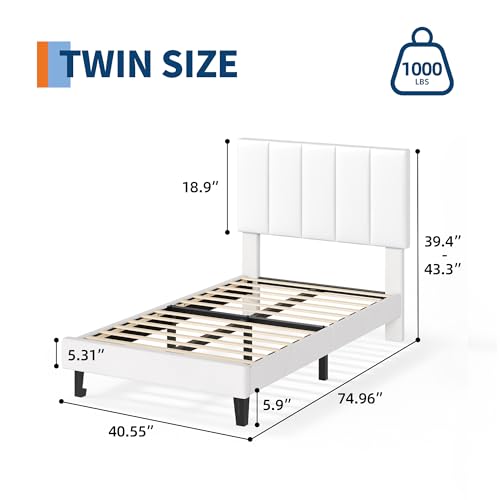 Garvee Twin Size Bed Frame with Upholstered Headboard for Kids, White | Fully Velvet Upholstered Mattress Foundation with Height Adjustable Headboard, No Box Spring Needed, Easy Assembly - color: White, size: Twin