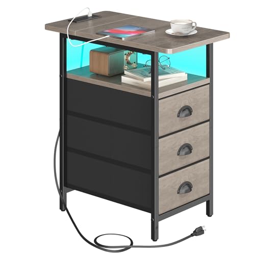 sthmec End Table with Charging Station,LED Side Tables with USB Ports and Outlets,Narrow Nightstands Bedside Tables with 3 Drawers for Small Space,Slim Sofa Table for Livingroom,Grey - color: Grey, size: 11.75'' W*21'' D* 24.3'' H, style: Power & LED