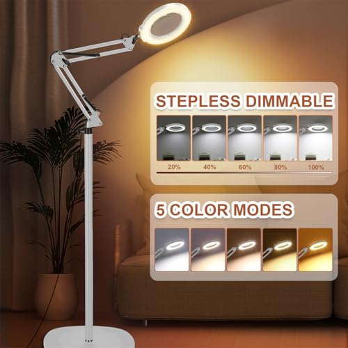 LANCOSC 15X Magnifying Glass with Light and Stand, 3-in-1 Adjustable Swing Floor Lamp, 5 Color Modes Stepless Dimmable, LED Lighted Hands Free Magnifier & Clamp for Reading, Crafts, Painting - White - color: White