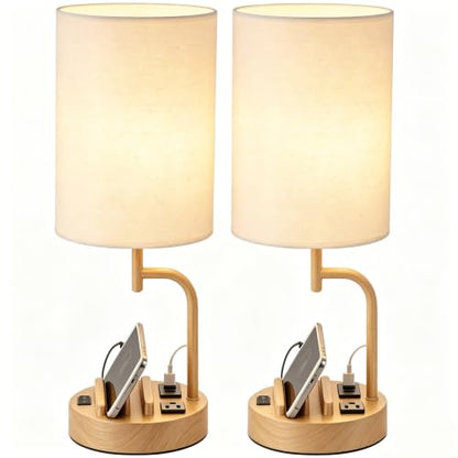 Dreamholder 2 Pack Table Lamp, Bedside Lamp with 3 USB Charging Ports & AC Outlet, USB Desk Lamp with 2 Phone Holders, Linen Fabric Shade Nightstand Lamps for Bedroom Living Room Office, Woodgrain - color: Woodgrain
