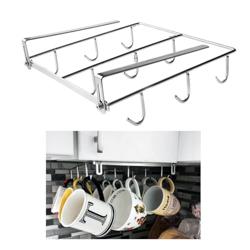 Mug Holder Under Cabinet for 1.18"- 1.96" Thickness Cabinet Base, 9 Hooks Cup Organizer Hanging Coffee Mug Rack Tea Cup and Utensil Hooks Drilling Free Mug Hanger Under Shelf