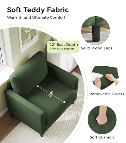 Welzona Sofa Accent Chair, 33" Reading Chair, Comfy Teddy Arm Chairs | Comfy Teddy Fabric, Tool-free Setup, Washable Covers, All-wood Couch Chairs for Living Room, Bedroom, Reading Nook, Green - color: Green, size: Standard
