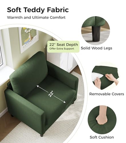 Welzona Sofa Accent Chair, 33" Reading Chair, Comfy Teddy Arm Chairs | Comfy Teddy Fabric, Tool-free Setup, Washable Covers, All-wood Couch Chairs for Living Room, Bedroom, Reading Nook, Green - color: Green, size: Standard