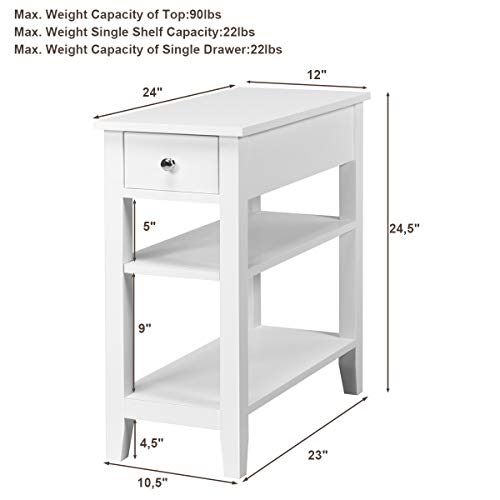 Narrow Side Table, 3-Tier Bedside Table with Drawer and Shelves, Tall Skinny Nightstand for Living Room, Bedroom, Small End Table for Small Spaces (2, White)