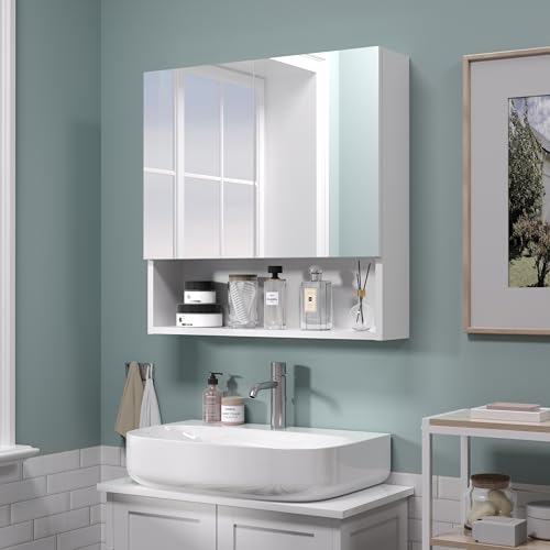 Bathroom Cabinet with Mirror, Wall Cabinet with 2 Mirrored Doors, Adjustable Shelf, Open Compartment, Wall-Mounted, 24x24 Inches, White (Assembly Required) - color: White, size: W24 x H24 - 2 Door