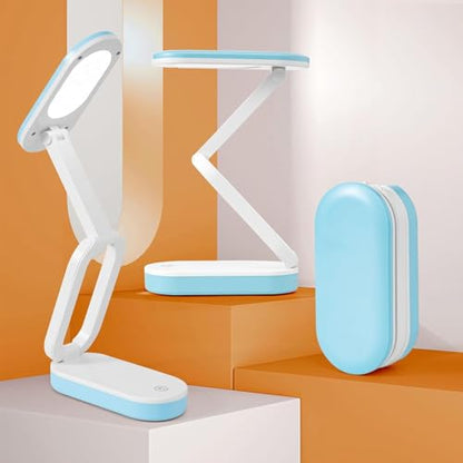 Cordless Desk Lamp Reading Light Rechargeable,Small Table Lamp Battery*2 Operated 3000MAH,Foldable/Portable/Touch 3 Light Modes, for Kids Home Bedroom Bedside Dorm Outdoor Camping,Blue