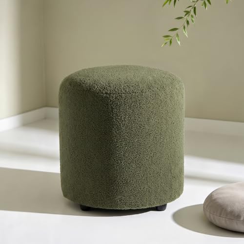 Modern Round Vanity Stool, Small Ottoman, Cute Fabric Foot Stool, Teddy Fleece Footrest, Upholstered Vanity Chair, Stool for Makeup, Bedroom, Living Room (2, Round-Dark Green) - color: Round-dark Green