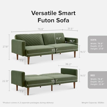 mopio 76.4" Futon Sofa Bed Chevron Styled, Sleeper Couch (Olive Green Velvet) - color: Olive Green Premium Velvet