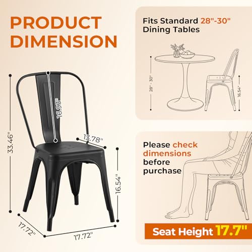 Metal Dining Chairs Set of 4,Midnight Black | Industrial Stackable Kitchen Cafe Bistro Patio Indoor-Outdoor Use - color: Midnight Black