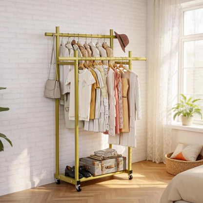 Lutown-Teen Metal Clothes Rack with Lockable Wheels, Double Rods, Pink | Clothing Rack Heavy Duty with Storage Rods, 150 LB Capacity Garment Rack, Easy Assembly - color: Pink, size: Double Rods