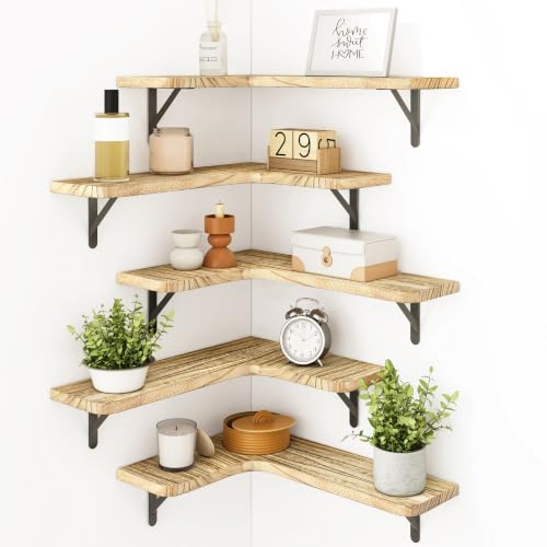 Fixwal Conner Shelves Wall Mounted for Decor, Carbonized Black 5pcs | Solid wood shelf with metal brackets, holds 40 lbs. Optimizes corner storage. Fits bathroom, kitchen, bedroom & living room. - color: 1-carbonized Black