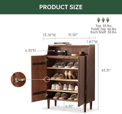 Solid Wood Shoe Cabinet with Doors, 4-Tier Adjustable Shelves Shoe Storage Organizer, Mid Century Modern Entryway Cabinet for Hallway Living Room, 14 Pairs Oak Wood Rack, 13.8" x 31.5" x 43.3", Walnut